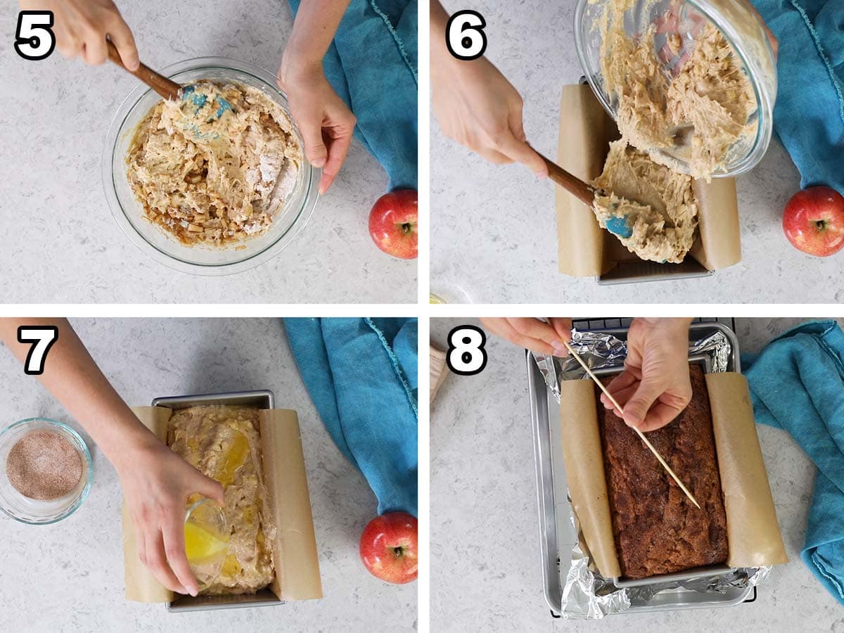 collage of four photos showing bread batter being poured into a loaf pan, sprinkled with cinnamon sugar, and baked