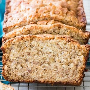 BANANA BREAD ON BAKING SHEET SLICED