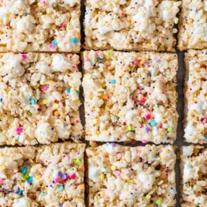 overhead of Rice Krispie Treat squares closeup.