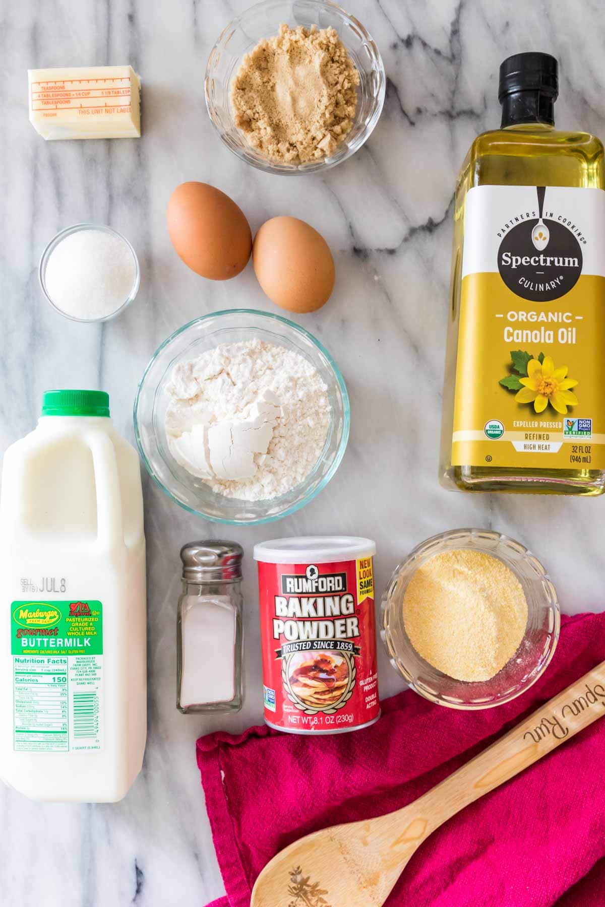 overhead view of ingredients including cornmeal, buttermilk, eggs, and more