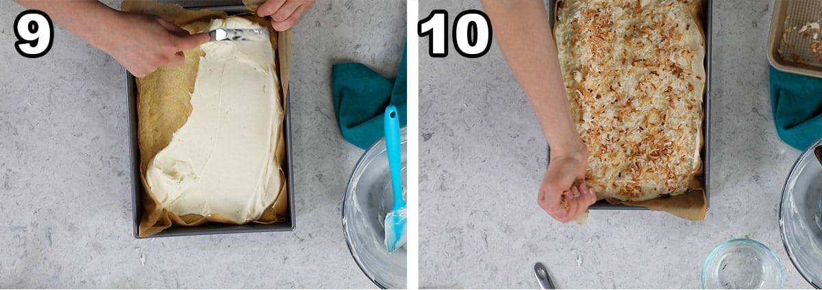 Collage of two photos showing bars being iced and topped with toasted coconut.