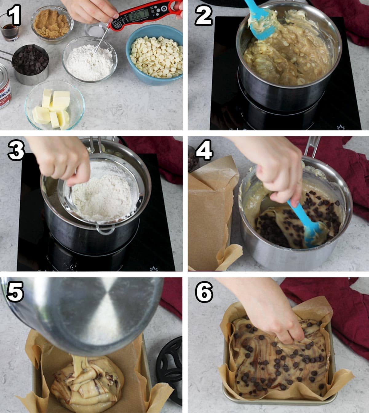 collage of 6 images showing how to make cookie dough fudge (steps detailed below)