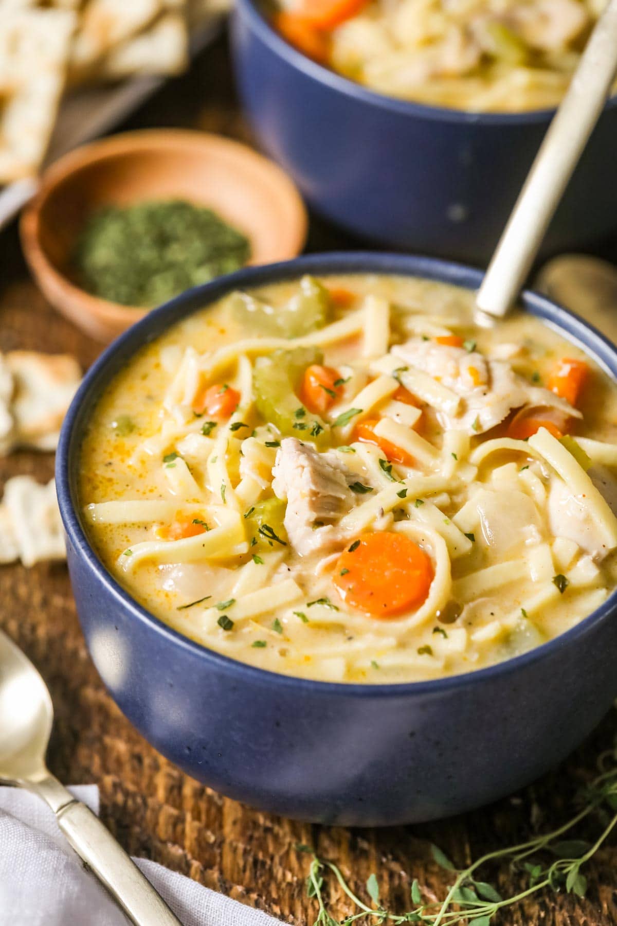 Bowl of creamy chicken noodle soup with a spoon.