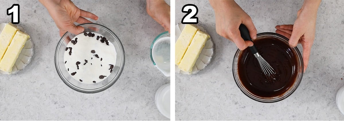 Two photos showing chocolate ganache being prepared.