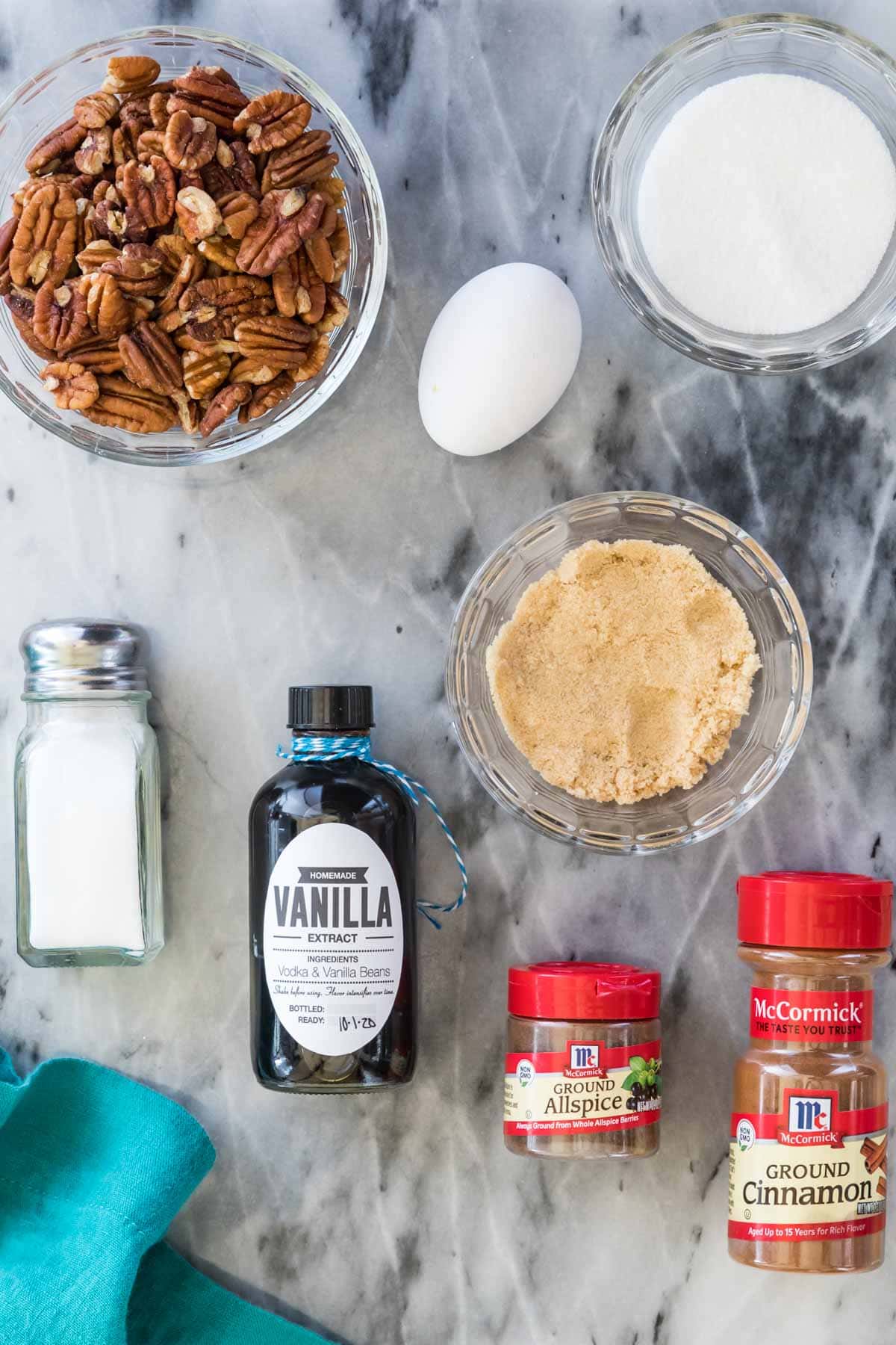 overhead view of ingredients for candied pecans