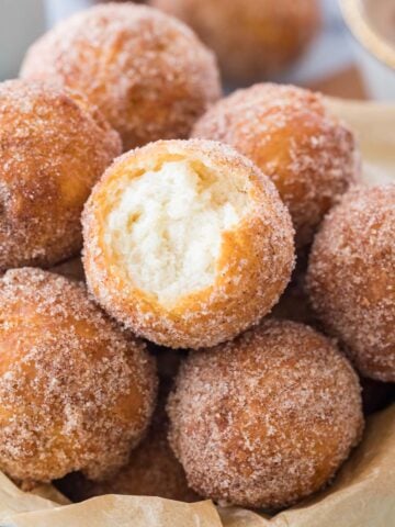 pile of sugared donut holes made from a donut recipe without yeast