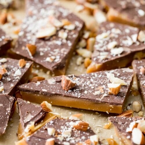 Chocolate and almond covered toffee made from a homemade toffee recipe.