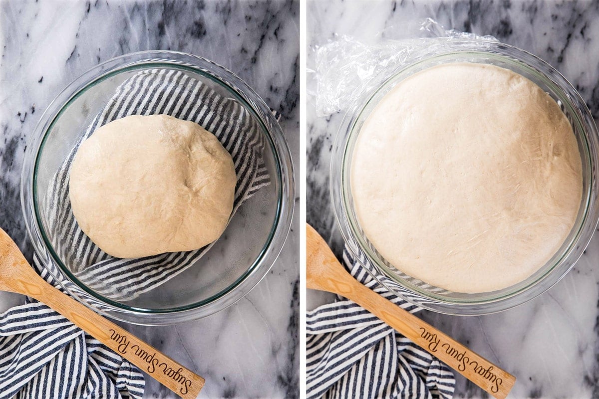 Two photos: dough in glass bowl before rising (left) and dough in glass bowl doubled in size after rising (right)