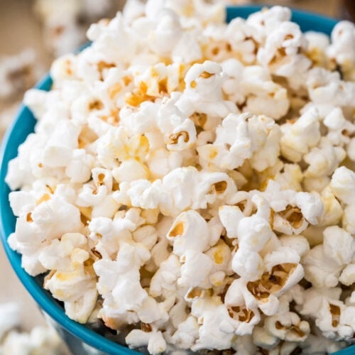 blue bowl full of kettle corn