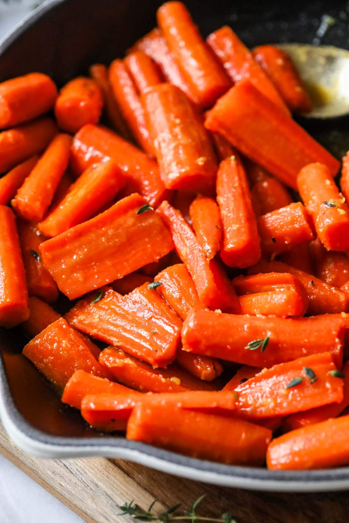 Close-up view of maple glazed carrots.