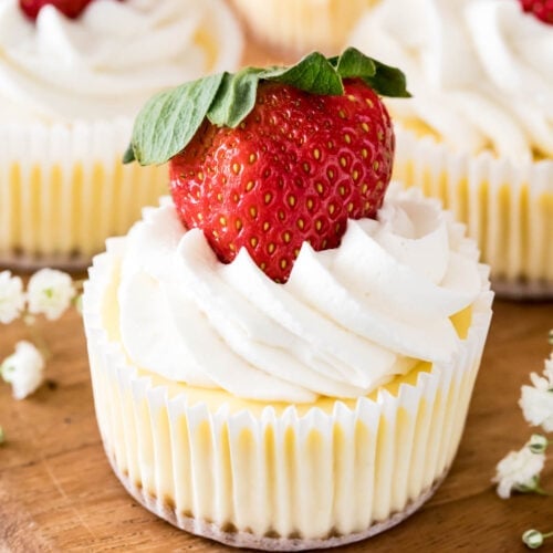 mini cheesecakes topped with whipped cream and a fresh strawberry