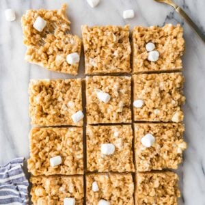 Overhead view of peanut butter rice krispie treats just after being cut.