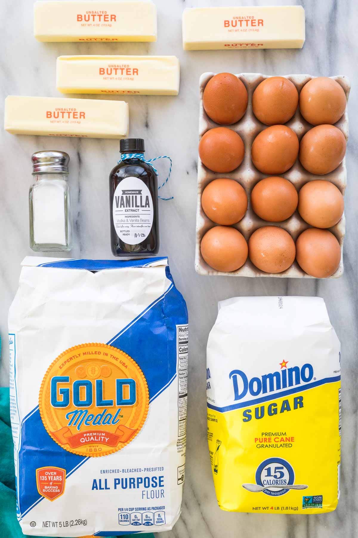 Overhead shot of ingredients for making pound cake