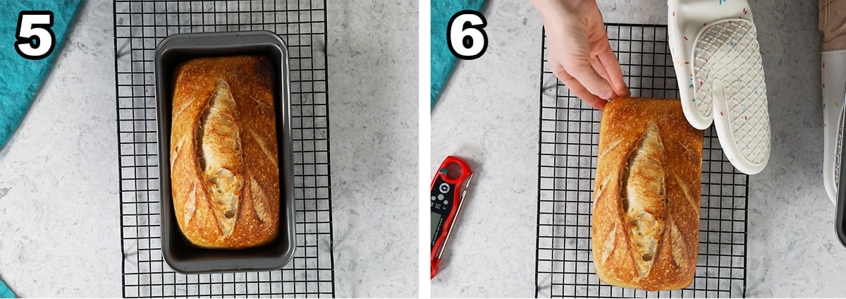 Two photos showing a loaf of bread in its pan after baking before being removed to a cooling rack.