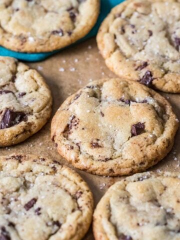 Sourdough chocolate cookies on a cookie sheet after baking.