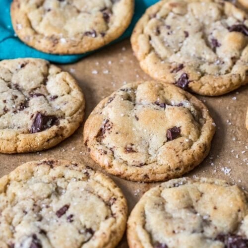 Sourdough chocolate cookies on a cookie sheet after baking.