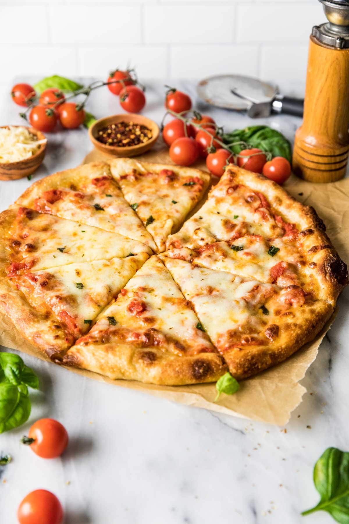 Small pizza cut into eight slices.