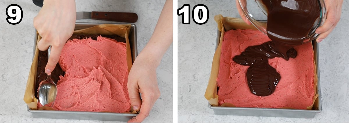 collage of two photos showing brownies being spread with strawberry frosting and chocolate ganache