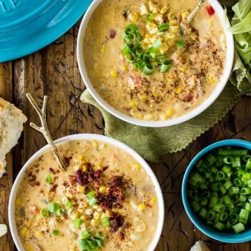 Overhead of two bowls of corn chowder